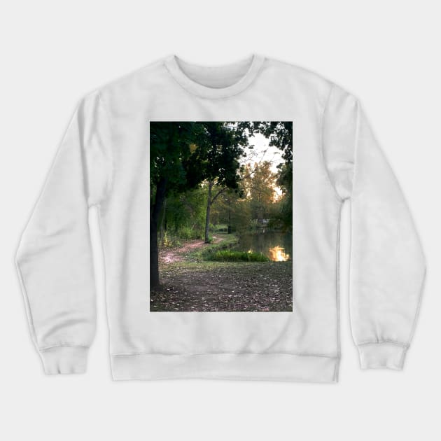 Beautiful Trail Scene with a Pond - Tomahawk Creek Pond Overland Park KS Crewneck Sweatshirt by Zen Goat 